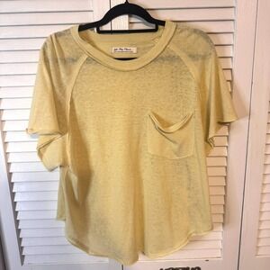 FREE PEOPLE Womens We the Free Kyoto Burnout‎ Yellow Gathered Shoulder Tee SZ S